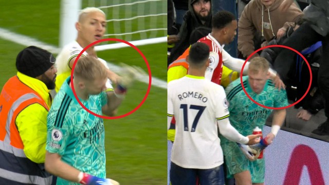 WATCH: Arsenal goalkeeper Ramsdale kicked by Spurs fan as tempers